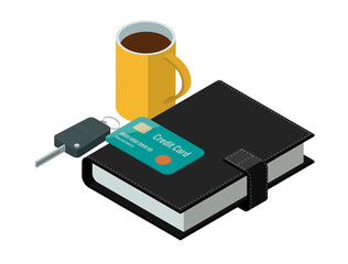 Businessman essential personal items on white background: organizer, car keys, credit card and coffee