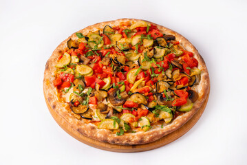 pizza with eggplant and vegetables. on a white background