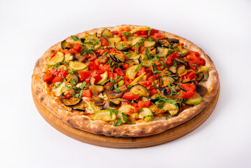 pizza with eggplant and vegetables. on a white background