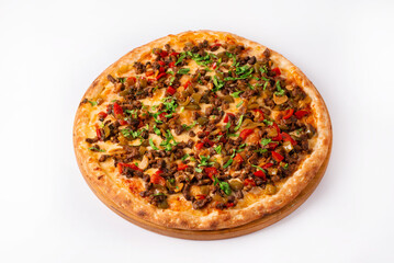 pizza with minced meat, mushrooms, vegetables. on a white background