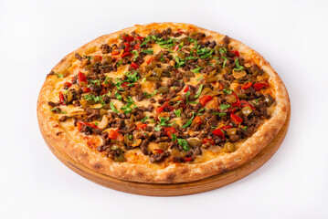 pizza with minced meat, mushrooms, vegetables. on a white background