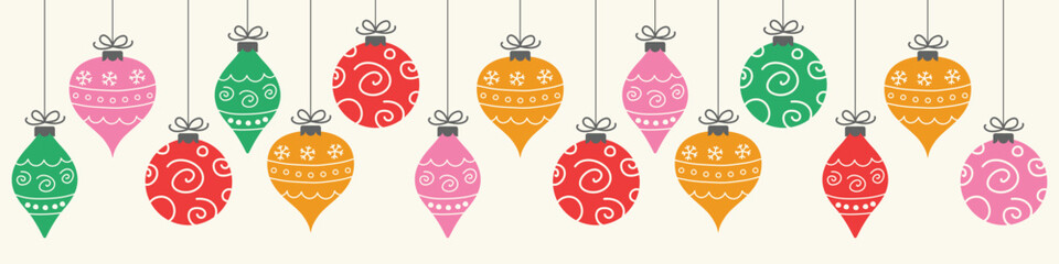 Hand drawn Christmas balls. Design of a panoramic header. Vector illustration