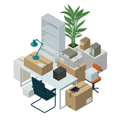 Contemporary office relocation: isometric furnishings and cardboard boxes on white background