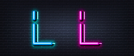 Initial letter L icon. Neon light line effect. Line typography character sign. Large first font letter. Glowing neon light element. Letter L glow 3d line. Brick wall banner. Vector