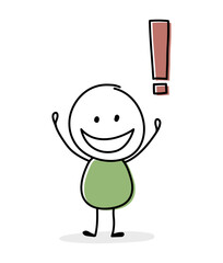 Concept of happy stickman with exclamation mark icon. Vector