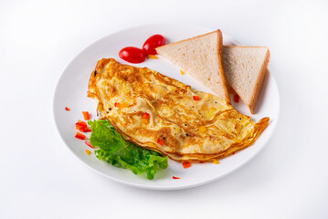 egg omelet with bread on a white background