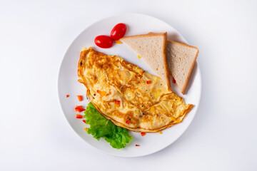 egg omelet with bread on a white background