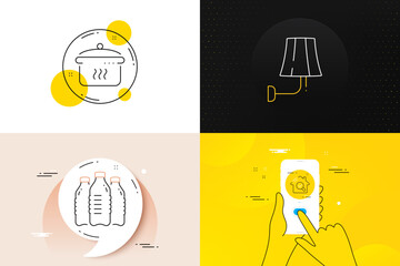 Minimal set of Wall lamp, Water bottles and Inspect line icons. Phone screen, Quote banners. Boiling pan icons. For web development. Electric sconce, Aqua drinks, Search building. Vector