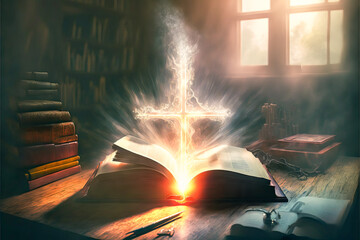 A mystical Christian cross on an open Bible illuminating an ancient library. A warm, studious and reverent atmosphere to pray and contemplate the divine and biblical miracle.