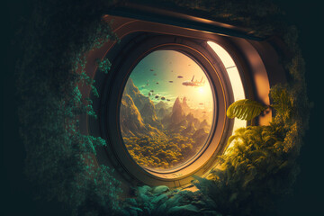 Tropical and exotic night forest,Fairytale forest with mystical magic lights reflected water. Living greenery of the forest.Unreal world. 3D illustration.background,environment,future