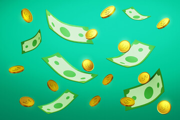 Money 3d illustration on green background
