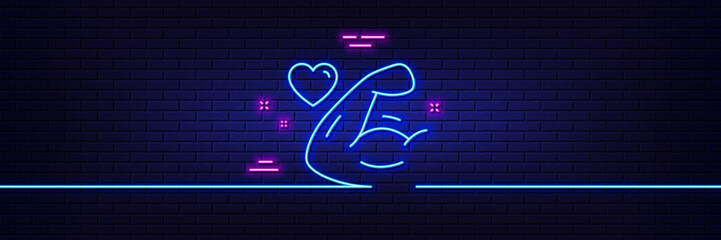 Neon light glow effect. Strong arm line icon. Strength muscle sign. Gym fit training symbol. 3d line neon glow icon. Brick wall banner. Strong arm outline. Vector