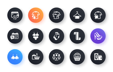 Minimal set of Socks, Wallet and Clean towel flat icons for web development. Dirty t-shirt, Discounts calendar, Clean t-shirt icons. Sale bags, Buying process, Shoes web elements. Scarf. Vector