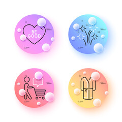 Fireworks, Buyer think and Bathrobe minimal line icons. 3d spheres or balls buttons. Be good icons. For web, application, printing. Pyrotechnic salute, Shopping cart, Bath housecoat. Vector
