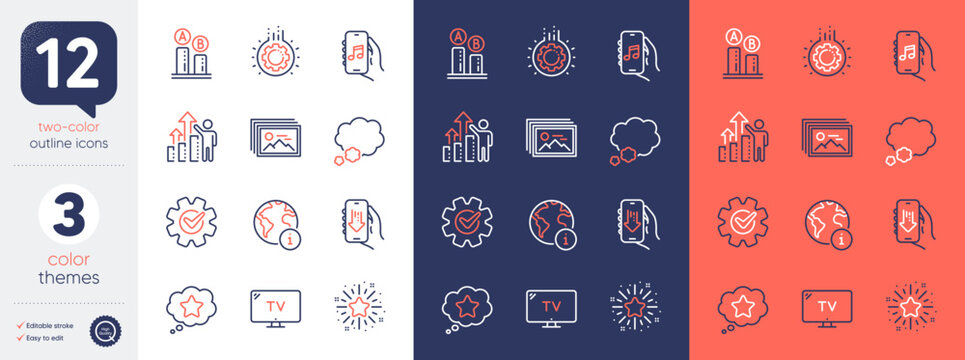 Set of Internet, Ab testing and Music app line icons. Include Image gallery, Twinkle star, Tv icons. Talk bubble, Cogwheel, Download app web elements. Employee results, Gear, Loyalty star. Vector