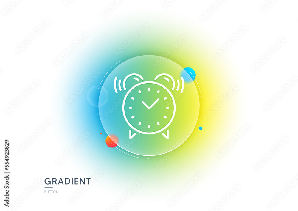 Poster alarm clock line icon. gradient blur button with glassmorphism. time or watch sign. transparent glas