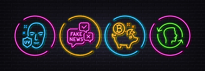Fototapeta na wymiar Fake news, Uv protection and Bitcoin coin minimal line icons. Neon laser 3d lights. Face id icons. For web, application, printing. Wrong fact, Ultraviolet, Piggy bank. Identification system. Vector