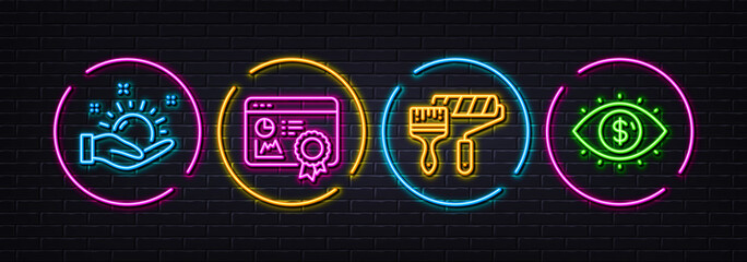 Sunny weather, Seo certificate and Paint roller minimal line icons. Neon laser 3d lights. Business vision icons. For web, application, printing. Hold sun, Statistics, Painter brush. Vector