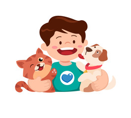 Boy with pet kitten and puppy animal lover symbol character mascot cartoon illustration vector