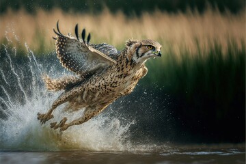 Obraz na płótnie Canvas falcon takeoff water Generative AI wildlife shot with copy space