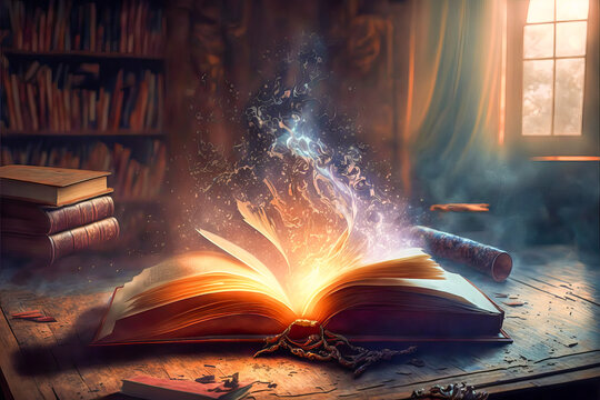 An open magical book with sparks and smoke exiting it, symbolizing ancient spells. Its atmosphere of a mystical and antique library makes it perfect for fantasy-themed projects.