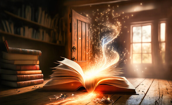 Open book of magic with sparks and magical smoke rising out. Symbol of ancient spells held in the grimoire. Mystical and aged atmosphere of a library captured in this image.