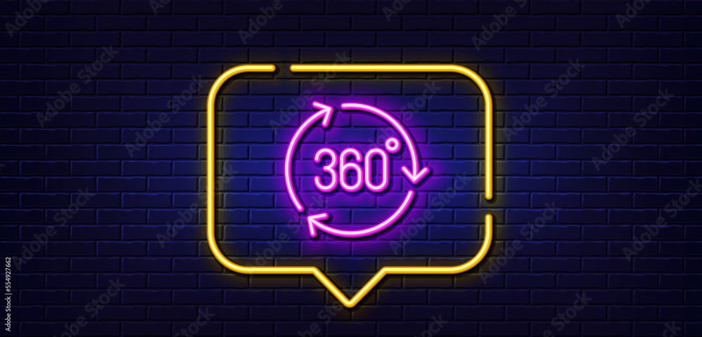 Poster neon light speech bubble. 360 degree line icon. vr technology simulation sign. panoramic view symbol