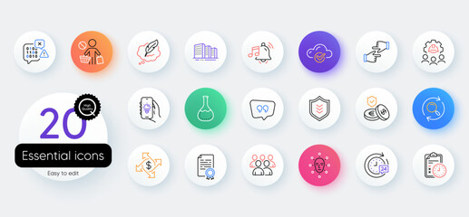 Simple set of Buildings, Chemistry lab and Quote bubble line icons. Include Engineering team, Exam time, Shield icons. Savings insurance, Search, Click hands web elements. Vector
