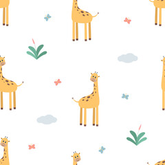 Seamless cartoon cute giraffe pattern. Endless wallpaper background for kids, packaging printing or textiles.