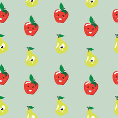 Cute seamless pattern with cartoon fruits  - apple and pear. Illustration for cards, posters, flyers, webs and other use.