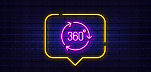 Neon light speech bubble. 360 degree line icon. VR technology simulation sign. Panoramic view symbol. Neon light background. 360 degree glow line. Brick wall banner. Vector