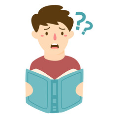 man confused reading book