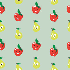 Cute seamless pattern with cartoon fruits  - apple and pear. Vector illustration for cards, posters, flyers, webs and other use.