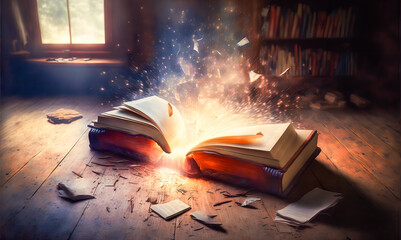 An ancient spellbook with magical sparks and smoky fumes rising from it, surrounded by an ancient and fantastical library atmosphere. Perfect for conjuring up a mythical mood. - obrazy, fototapety, plakaty