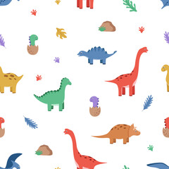 Seamless pattern of cartoon dinosaurs. Vector illustration, kids background or wallpaper.