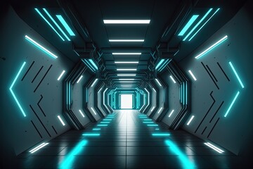 Sci-fi neon illuminated corridor Generative AI