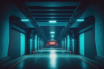Fototapeta na wymiar Sci-fi neon illuminated corridor Generative AI