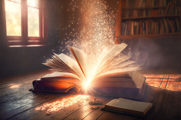 Ancient book of magic with magical sparks and smoke emanating from its pages. Symbolizes magical spells embedded in a fantastical and old library atmosphere. Perfect for evoking mystery and wonder. - obrazy, fototapety, plakaty