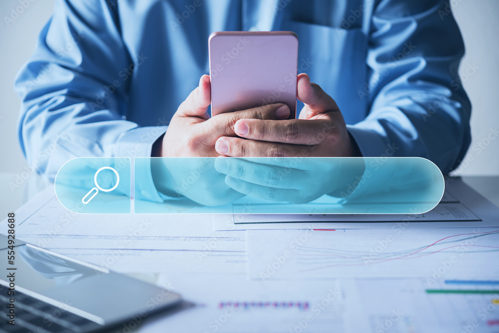 Aufkleber business man using smartphone with search bar on screen