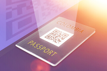 QR on cover of Colombia passport. Introduction of electronic passports in country. Barcode on documents. Reading passport QR code.