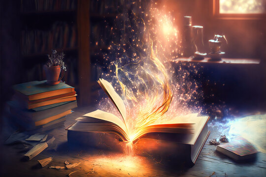 An ancient tome of magic opened and emitting miraculous sparks and smoke. Captures the captivating aura of a mystical library setting. Perfect for adding an enrichment of old-world fantasy.