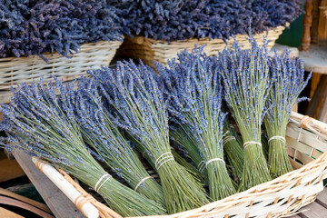 Munich, Germany, Europe. Farmers market.Basket of dried lavendar