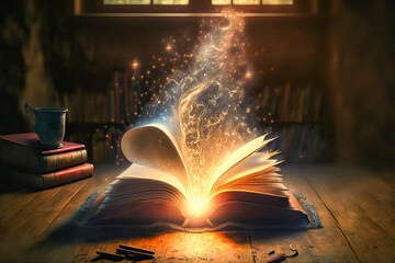 An ancient, magical grimoire filled with sparks and mystical smoke. Ideal for creating a fantasy or old-world atmosphere in an image or project. - obrazy, fototapety, plakaty