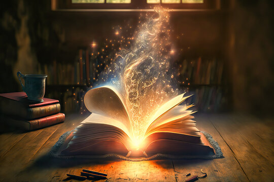 An ancient, magical grimoire filled with sparks and mystical smoke. Ideal for creating a fantasy or old-world atmosphere in an image or project.