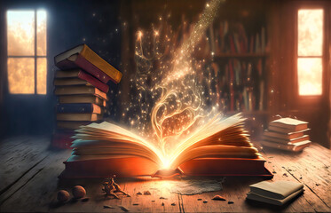 A vintage book of spells with sparkling, magical smoke seeping from its pages. Perfect for evoking fantastical and arcane atmospheres like in an ancient library. - obrazy, fototapety, plakaty