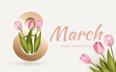 Greeting card for Women's Day 8 March. Spring flower realistic pink tulip vector illustration. Flowers template, luxury golden floral background, international women day flyer, modern banner design.