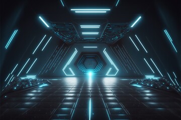 Sci-fi futuristic alien spaceship interior with neon lights generative ai