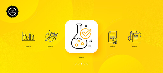 Fototapeta na wymiar Bureaucracy, Upper arrows and Chemistry lab minimal line icons. Yellow abstract background. Windmill turbine, Certificate diploma icons. For web, application, printing. Vector