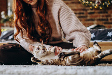 A young woman is playing with her bengal cat in the room. The house is decorated with Christmas decor.