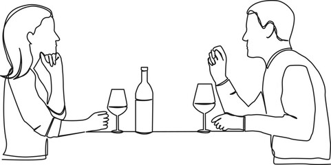 continuous single line drawing of couple sitting at dinner table drinking wine, line art vector illustration
